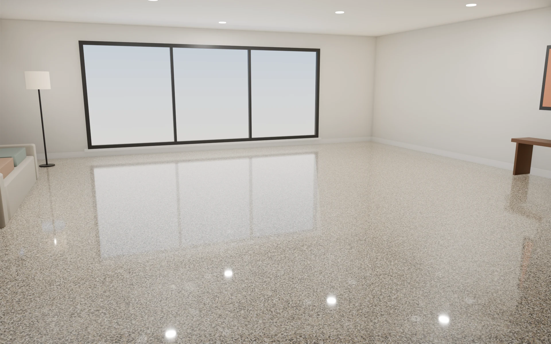 Finished Driftwood full-flake epoxy floor in a family room
