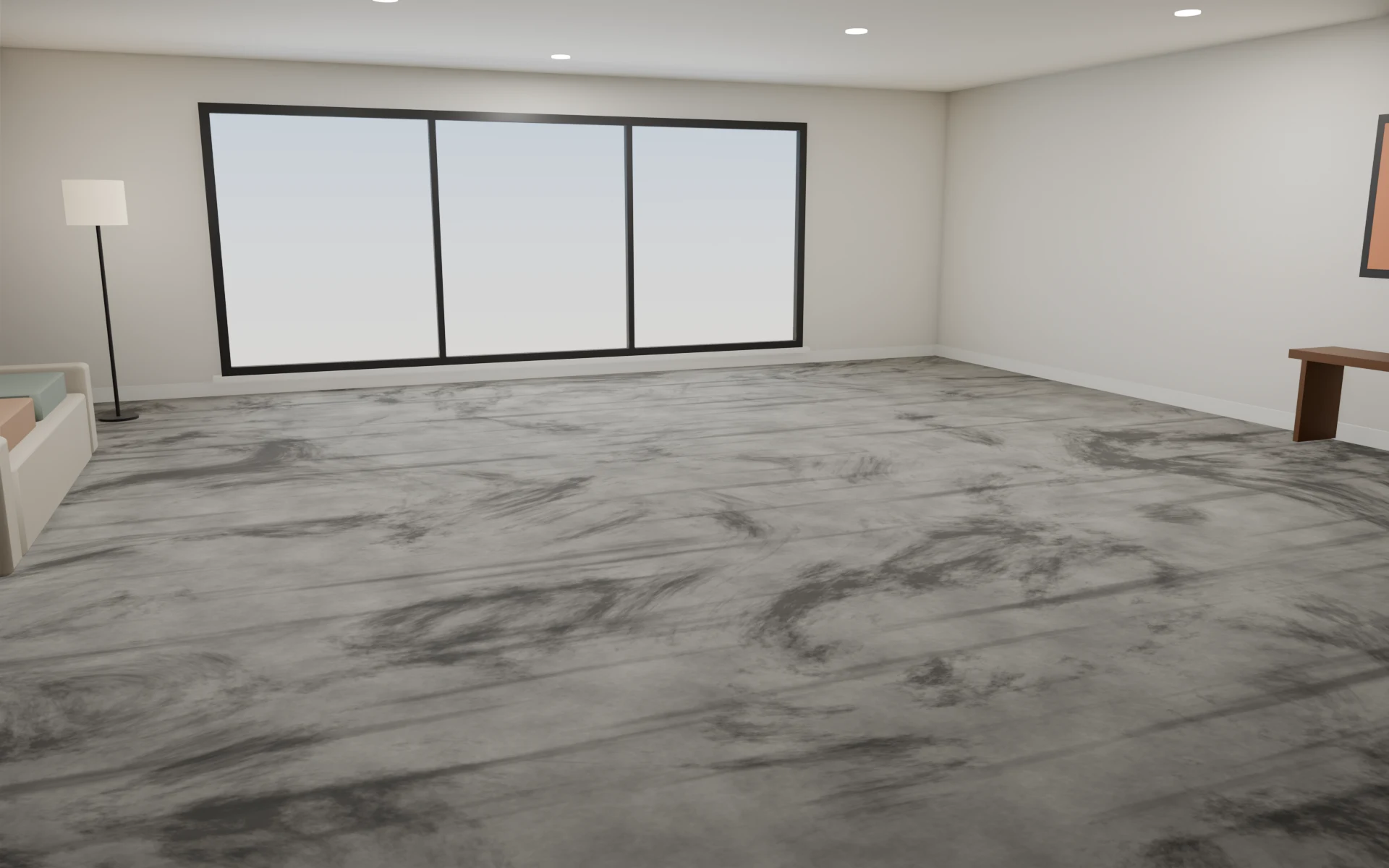 Bare, stained concrete slab before coating